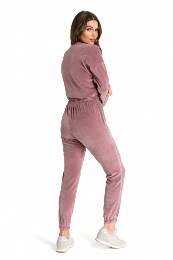 Spodnie damskie welurowe dresowe joggery z gumką brudny róż